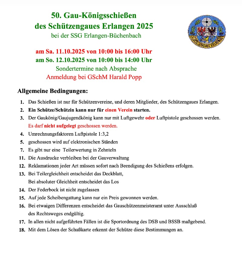 Einladung zum Gaukönigsschießen 2025 - 11./12. Oktober in Büchenbach